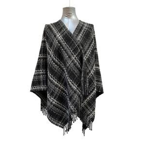 NWT Maje Plaid Fringe Shawl Women's ONE SIZE Black